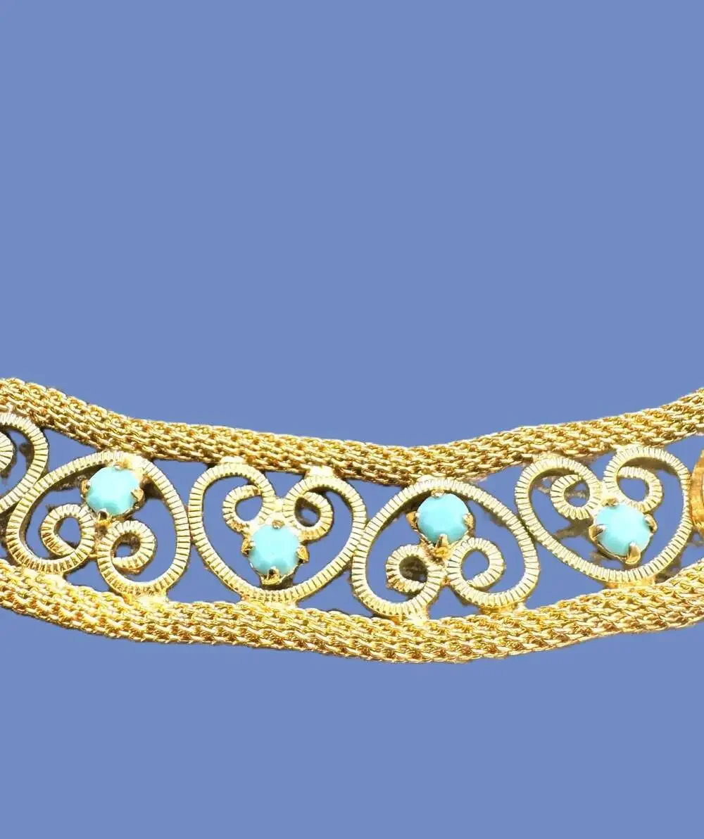 Vintage Gold Toned Filigree Choker with Turquoise-Colored Cabochon, 15 1/2 inch